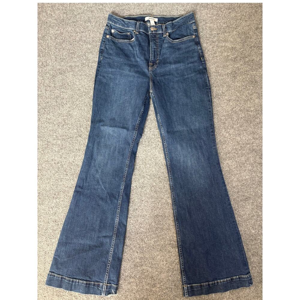 SPANX Flare Jeans Size 14 High Rise Raw Frayed Hem Medium Wash Denim